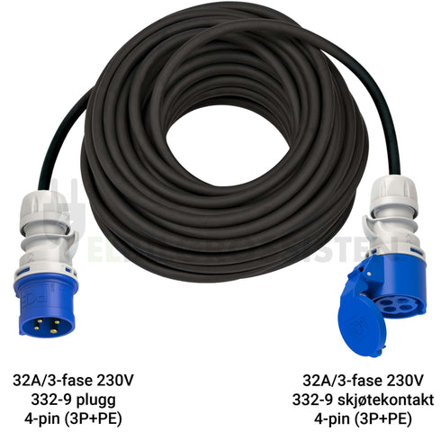 Skjøteledning - CEE - Industrikontakt - 332-9 plugg - 332-9 skjøtekontakt - Elbilgrossisten